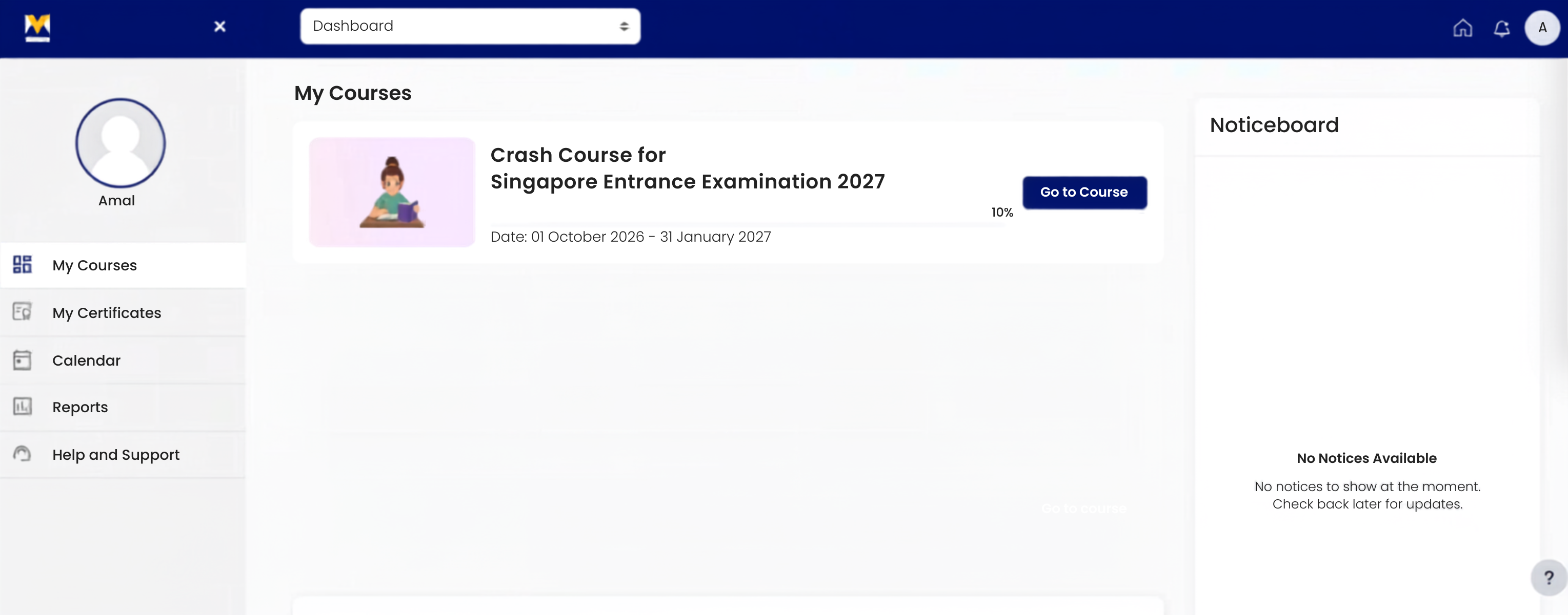 Manorama Horizon course dashboard showing the Singapore Entrance Examination crash course