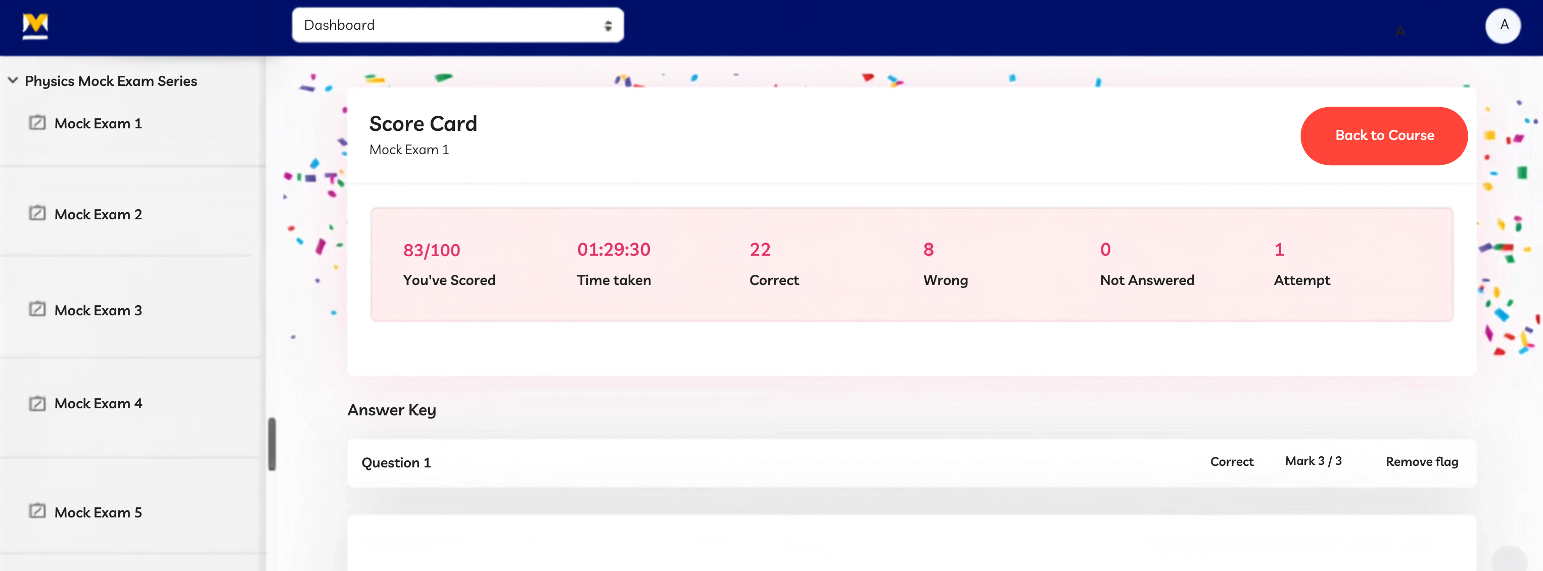 Mock exam score card with answer key inside the crash course portal